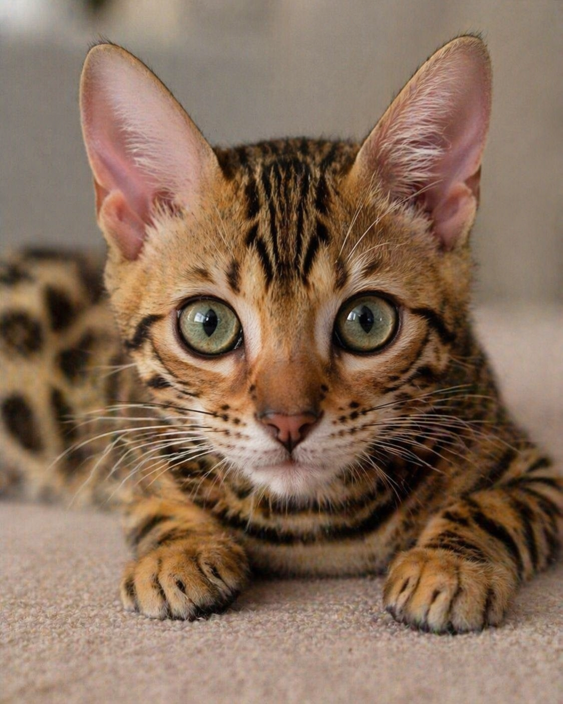 Bengal kitten face close up with striking green eyes