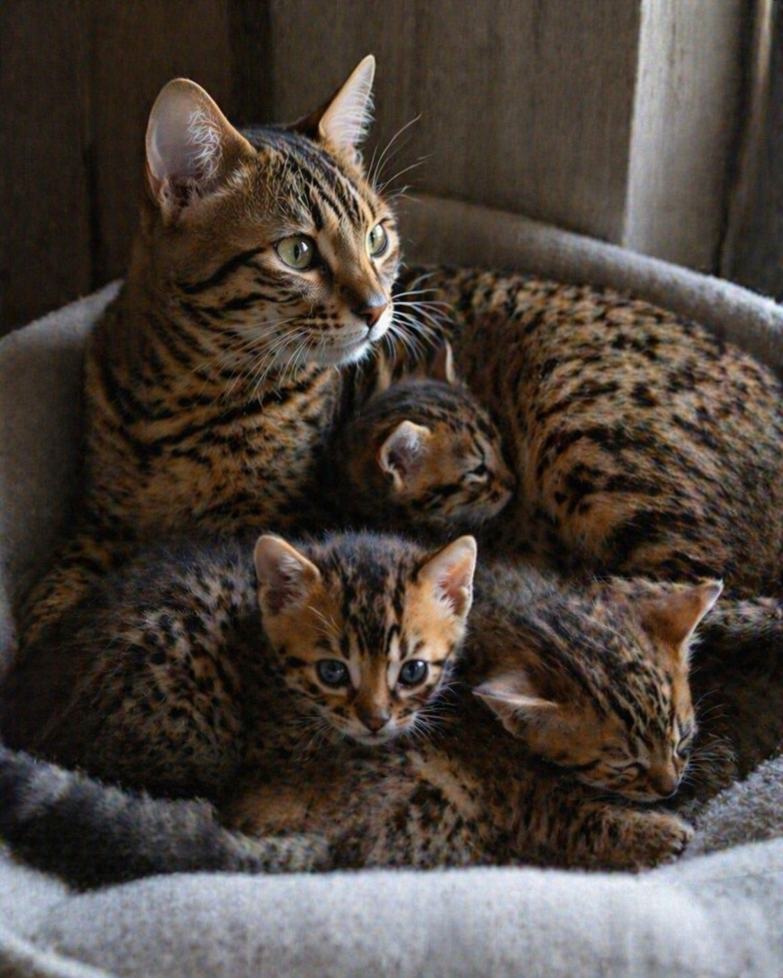 Bengal mother with kittens in a cozy bed